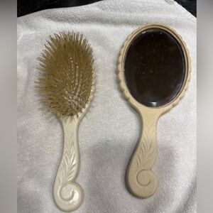 Ivory Vintage celluloid Hand Mirror and Brush Set - Carved Handle